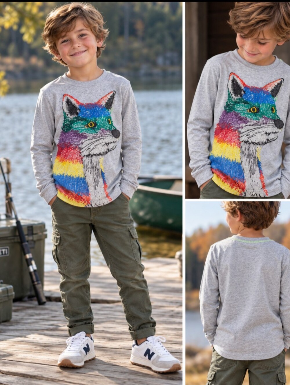 Mini Boden Boys Rainbow Fox Long-Sleeve Shirt – Size 8–9Y
